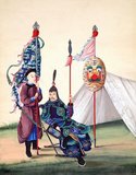 One of a pair of original unsigned gouache drawings; general holding spear seated outside tent with shield and standard-banner on tent pole, standard-bearer standing at left with command-flag.